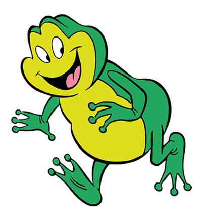 Quaxly ist ein grüner Frosch, der freundlich lächelt.